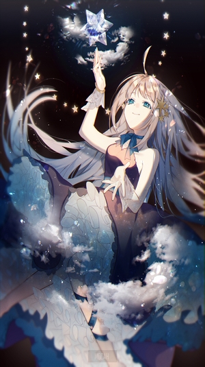 Anime girl with blue eyes reaching for a star