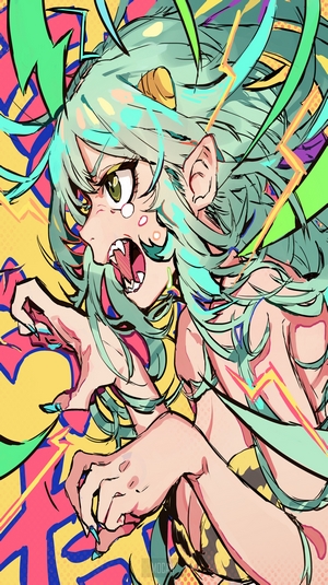 Anime girl with green hair roaring