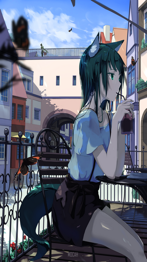 Anime girl with animal ears drinking a beverage