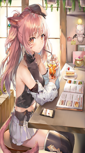 Anime cat girl drinking iced tea at a cafe