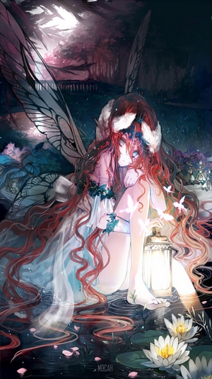 Anime girl with red hair and wings holding a lantern