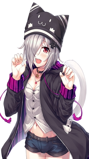 Anime girl with cat ears hat and shorts