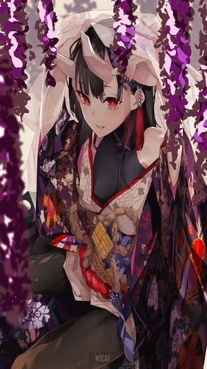 Anime girl with horns and kimono under wisteria