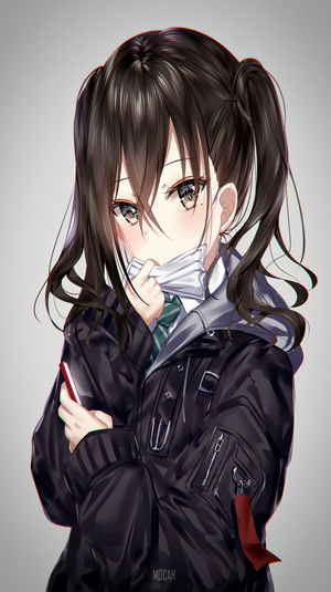 Anime girl with black hair wearing a jacket