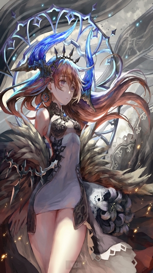 Anime girl with horns and long hair in a dress