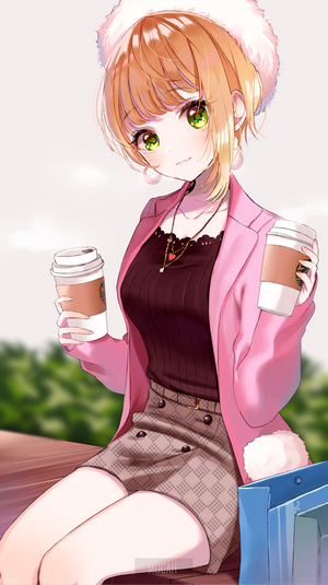 Anime girl with green eyes holding coffee cups