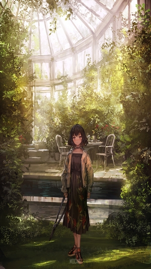 Anime girl in a greenhouse with plants
