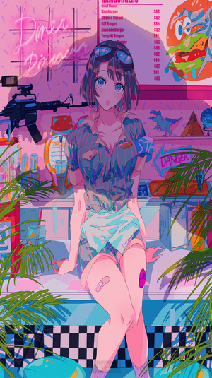 Anime girl working at a retro diner