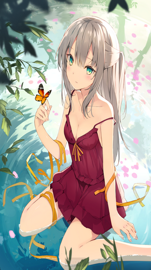 Anime girl with white hair and butterfly