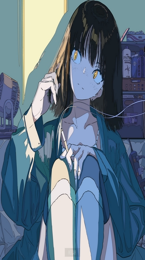 Anime girl with dark hair and yellow eyes smoking