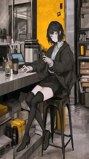 Anime girl with dark hair and purple eyes using laptop