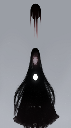 Anime girl with long black hair and a glowing orb
