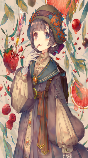 Anime girl with fruit and flowers