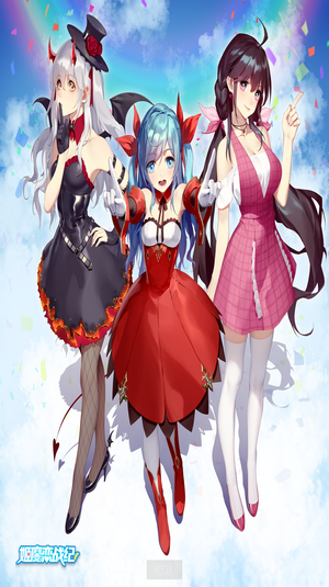 Three anime girls with different hair colors and outfits