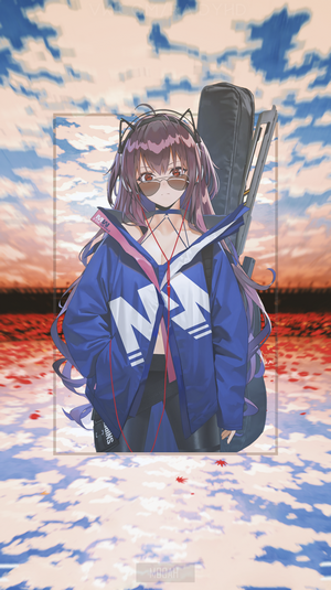 Anime girl with headphones and sunglasses holding a guitar case