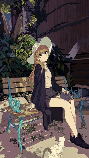 Anime girl with blonde hair and cats on a bench