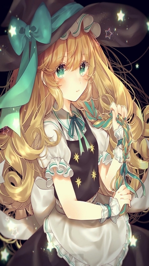 Anime girl with blonde hair and green eyes wearing a witch hat