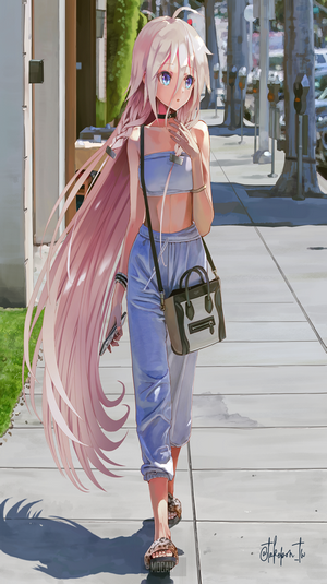 Anime girl with pink hair walking on a sidewalk