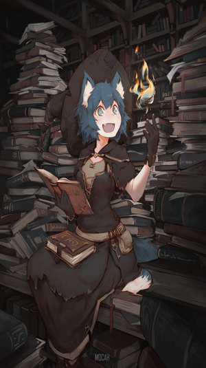 Anime girl with animal ears reading a book with fire