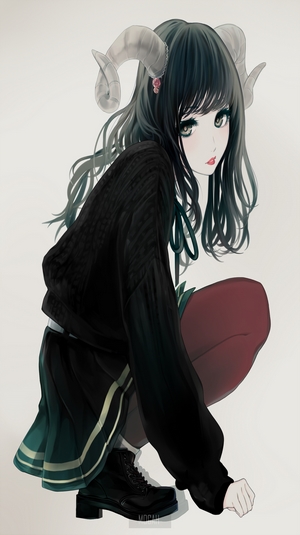 Anime girl with ram horns crouching
