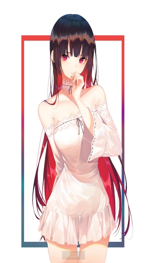 Anime girl with long dark hair in a white dress