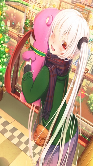 Anime girl with white hair holding a pink plush toy