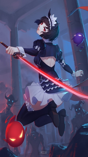 Anime girl with red sword fighting demons
