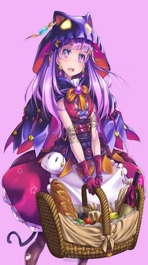 Anime girl with purple hair holding a picnic basket
