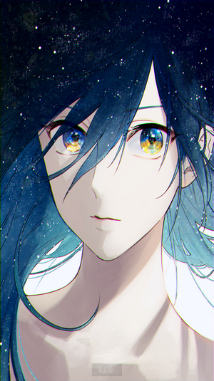 Anime girl with starry blue hair and heterochromatic eyes