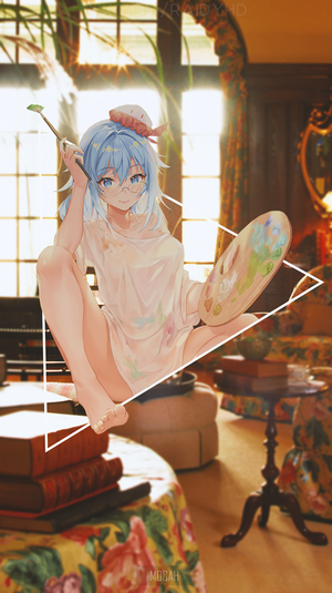 Anime girl with blue hair painting in a room