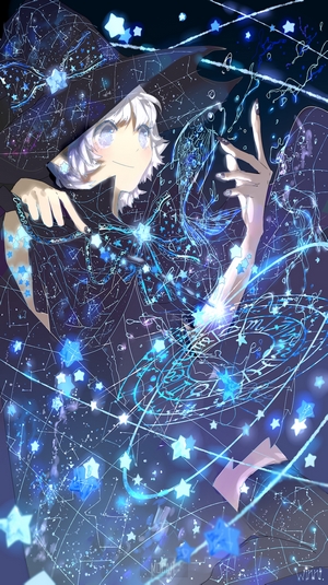 Mystical Anime Girl with Witch Hat and Cosmic Stars