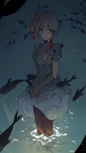 Anime girl with blue eyes surrounded by fish