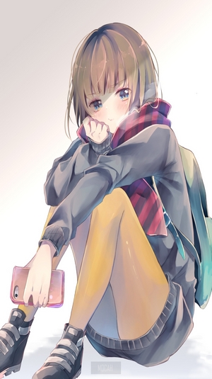 Anime girl with scarf and backpack sitting