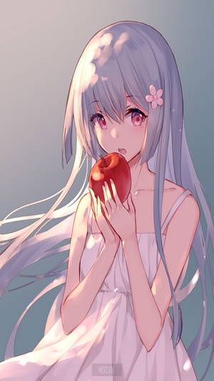 Anime girl with white hair holding an apple