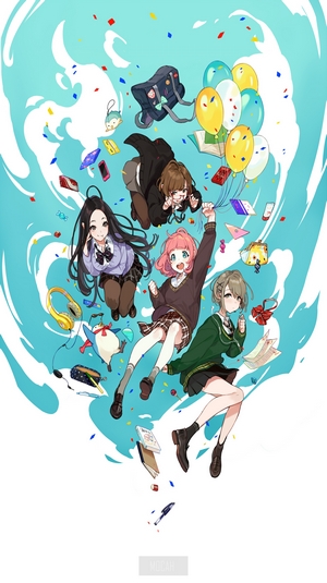 Four anime girls with school bags and balloons