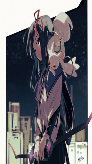 Akemi Homura from Puella Magi Madoka Magica with Kyubey