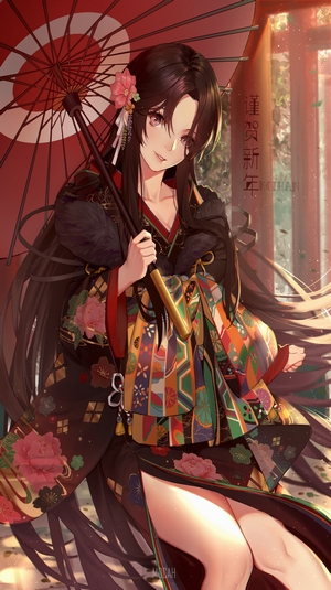 Anime girl in kimono holding a red umbrella