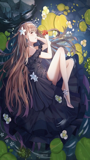 Anime girl in black dress lying on water with flowers