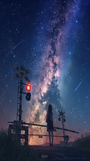 Milky Way, emotion, night sky, traffic lights, night, sky, stars, anime ...