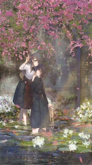 Two anime girls under a cherry blossom tree
