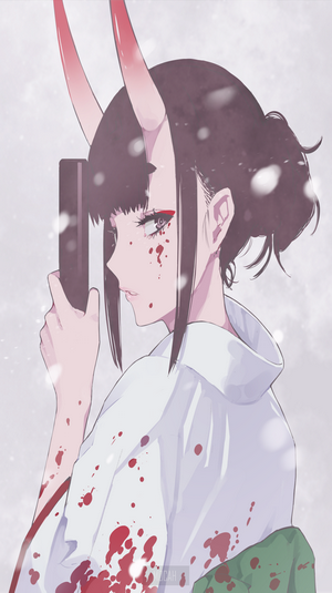 Shuten Douji from Fate/Grand Order holding a gun