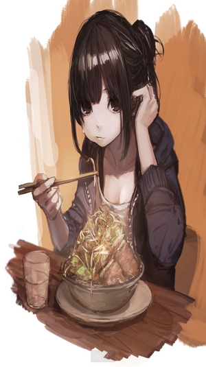 Anime girl eating ramen with chopsticks