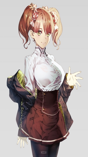 Anime girl with blonde pigtails wearing a white shirt and skirt