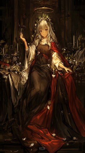 Anime girl with blonde hair holding a wine glass