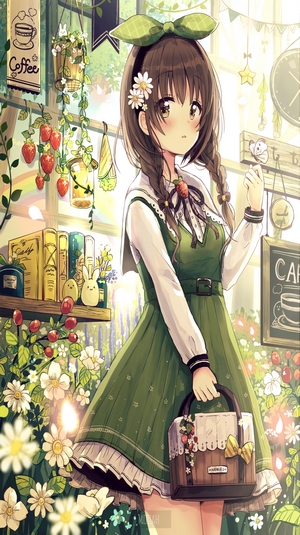 Anime girl with brown hair and green dress in a garden