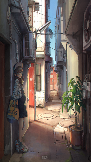Anime girl in alleyway with plants