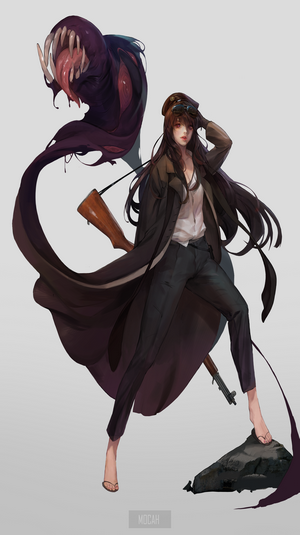 Woman with rifle and monster creature
