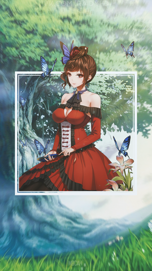 Anime girl in red dress with butterflies