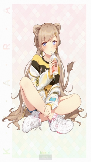 Anime girl with lion ears drinking a beverage