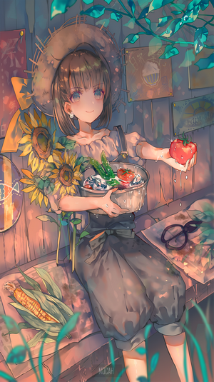 Anime girl in straw hat with sunflowers and tomatoes